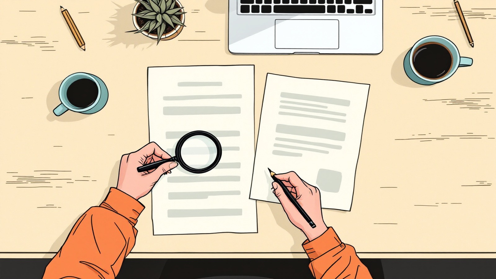 Ink illustration seen from above: forearms in rolled copper sleeves, one hand holding a magnifying glass over a printed page, the other holding a pencil, beside a laptop and two teal mugs on an ivory desk.